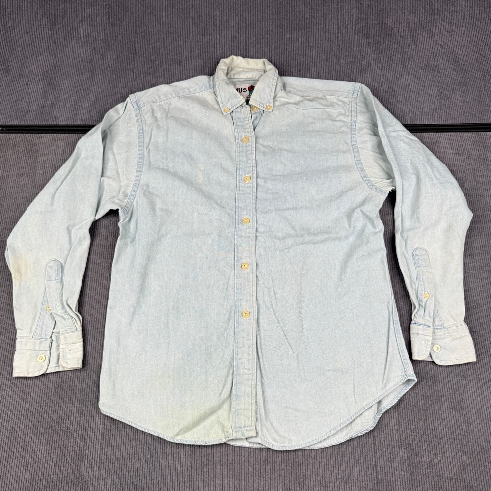 Vintage‎ IMUS Denim Shirt Mens Made USA Button Down Light Blue Workwear